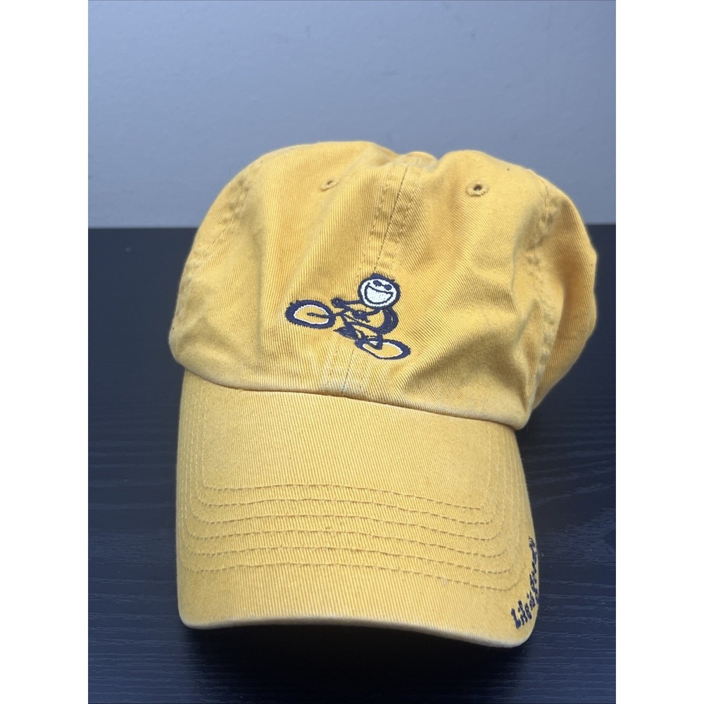Life Is Good Hat -Bicycling Smiling Guy Happy Fun Adult Yellow Baseball Cap